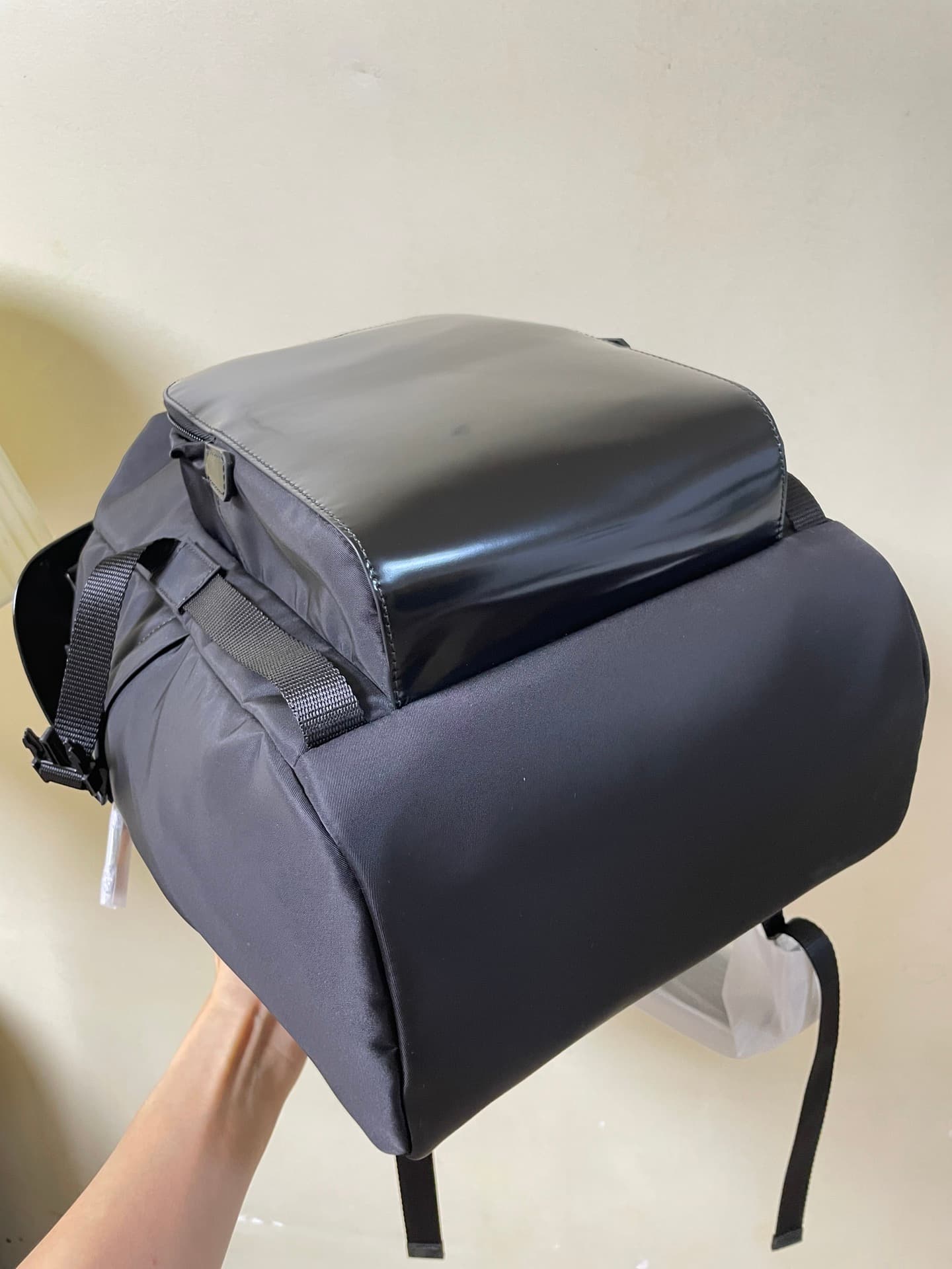 Ballistic nylon backpack with leather top panel