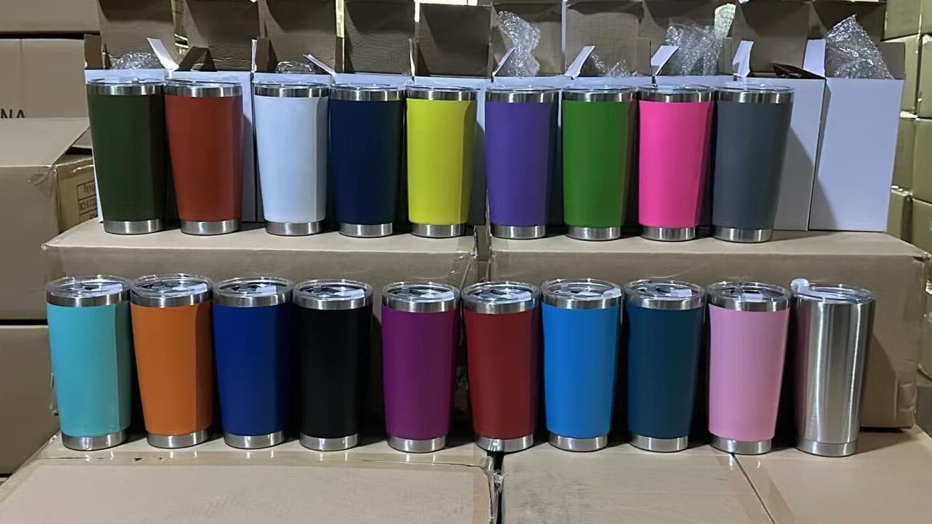 Rows of custom-colored tumblers packed and ready to ship from a factory floor