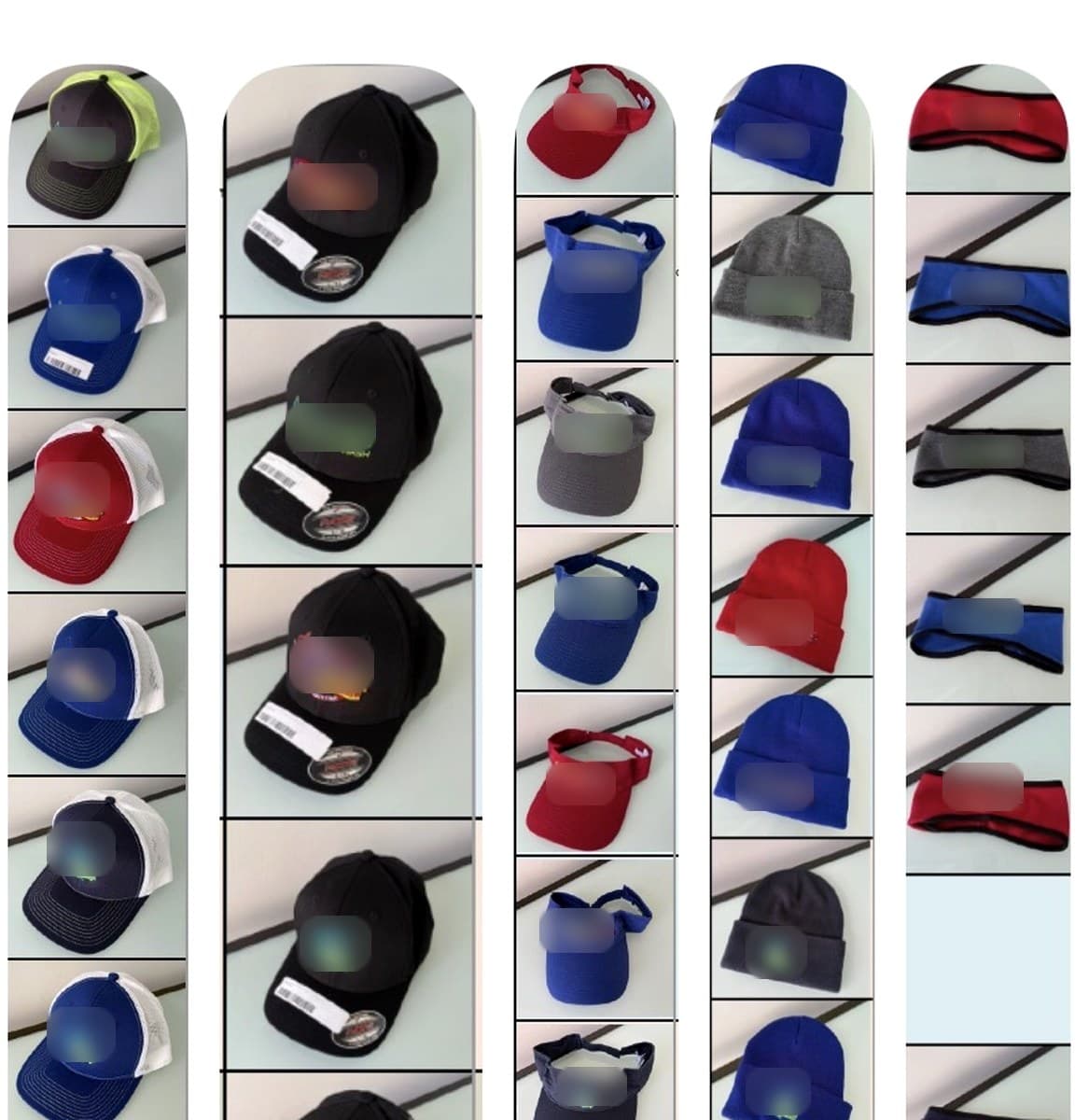 The previous headwear assortment: many colors, styles, and logo versions